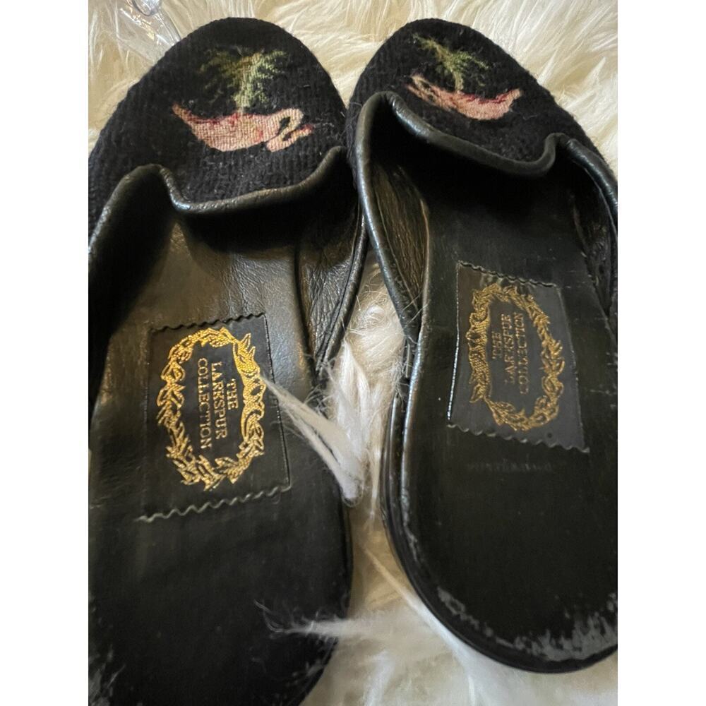 Larkspur Collection Vintage Black Flamingo Needlepoint Mules Slide Shoes Flats S - Picture 3 of 6